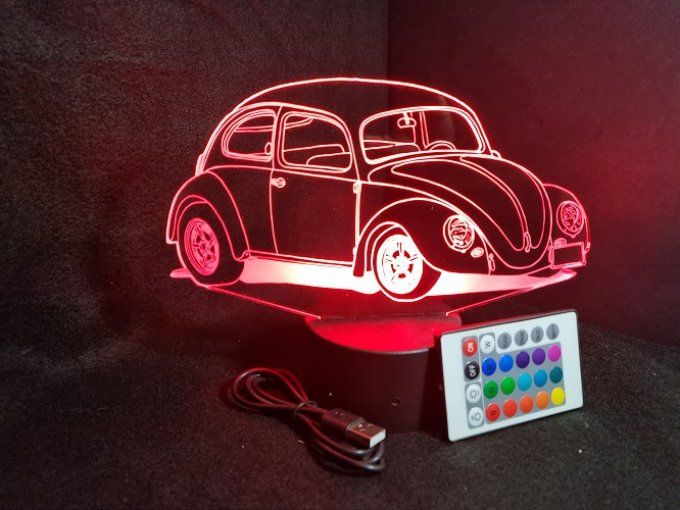 Lampe led 3D Coccinelle Volkswagen, retro, voiture, veilleuse, chevet, cadeau, déco, illusion