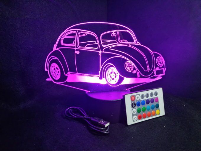 Lampe led 3D Coccinelle Volkswagen, retro, voiture, veilleuse, chevet, cadeau, déco, illusion