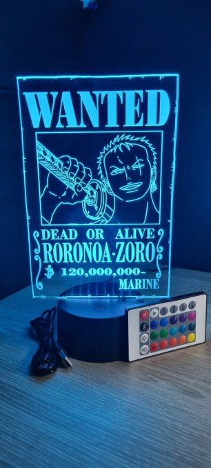 Lampe led 3D Roronoa Zoro Wanted, manga, veilleuse, déco, chevet