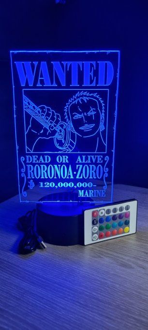 Lampe led 3D Roronoa Zoro Wanted, manga, veilleuse, idée cadeau, dessin animé, déco, chevet