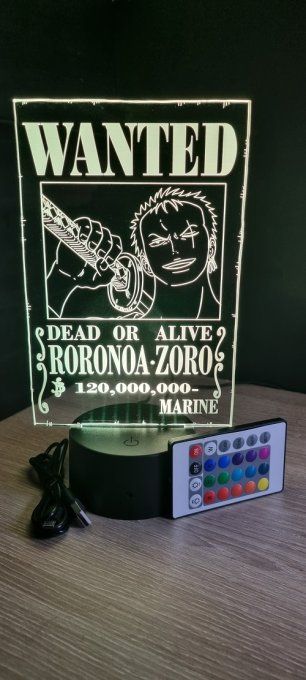 Lampe led 3D Roronoa Zoro Wanted, manga, veilleuse, déco, chevet