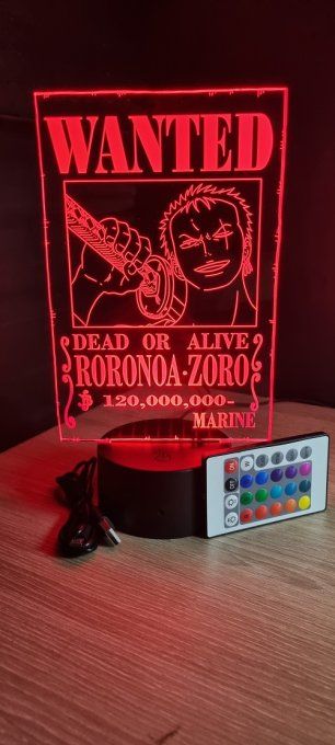 Lampe led 3D Roronoa Zoro Wanted, manga, veilleuse, idée cadeau, dessin animé, déco, chevet
