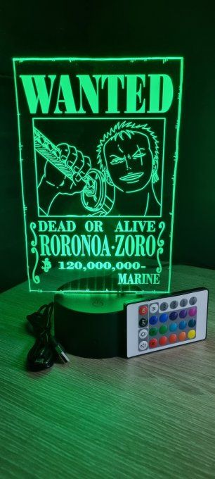 Lampe led 3D Roronoa Zoro Wanted, manga, veilleuse, déco, chevet