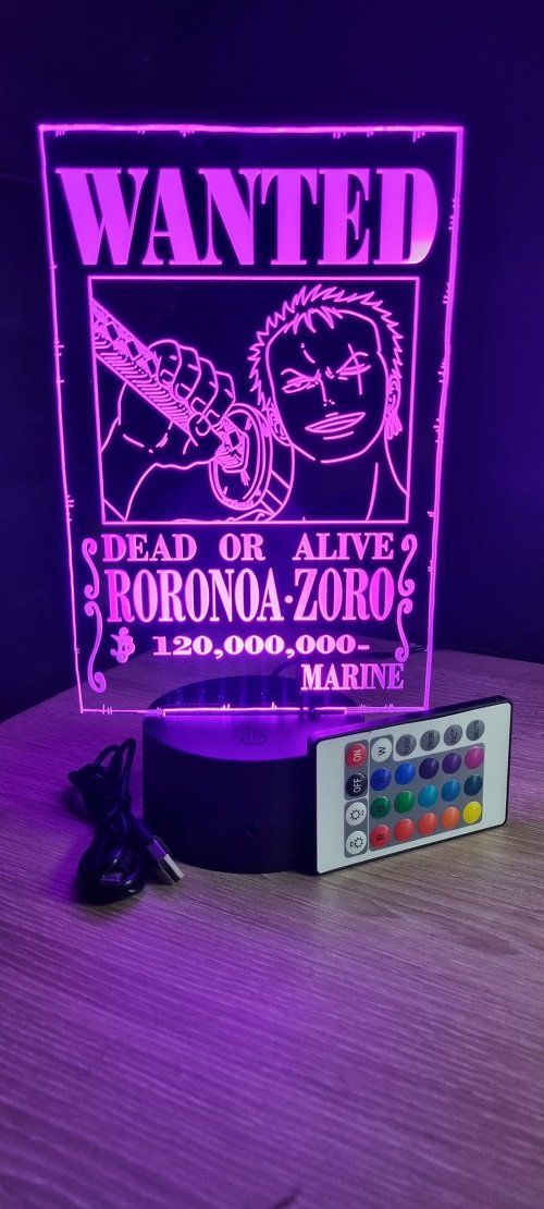 Lampe led 3D Roronoa Zoro Wanted, manga, veilleuse, déco, chevet