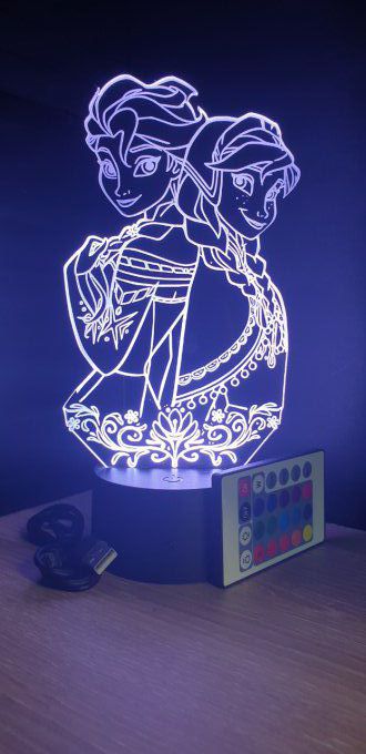 Lampe led 3D Anna et Elsa, La Reine des neiges, dessin animé, veilleuse, déco, chambre, illusion