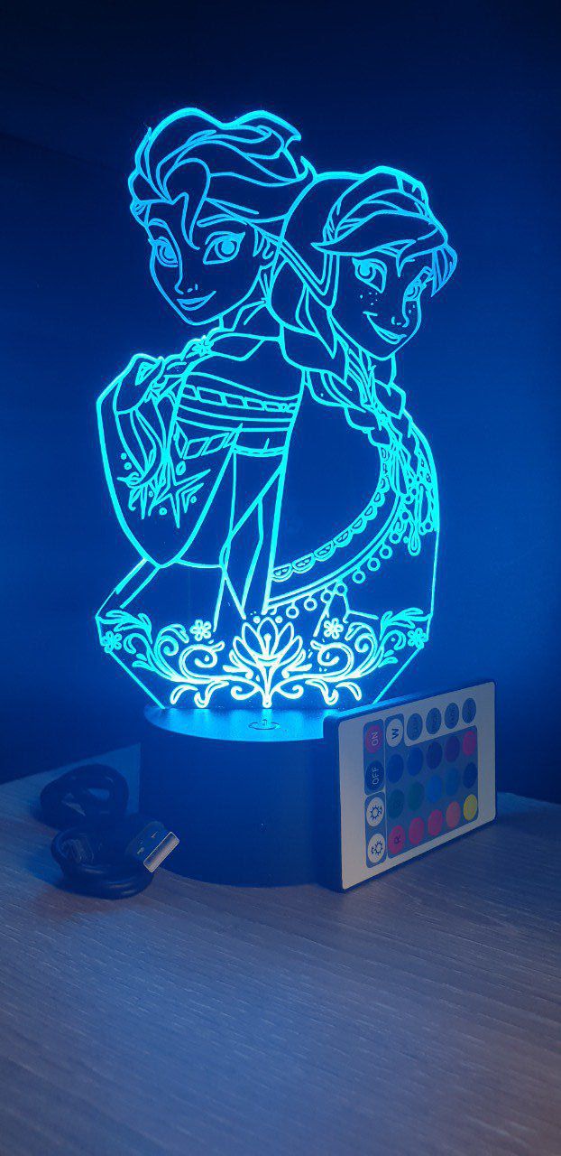 Lampe led 3D Anna et Elsa, La Reine des neiges, dessin animé, veilleuse, déco, chambre, illusion
