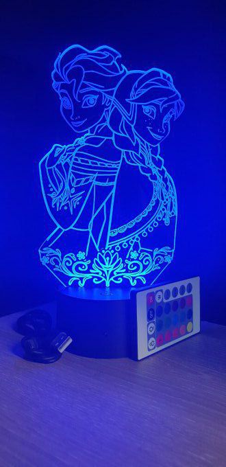 Lampe led 3D Anna et Elsa, La Reine des neiges, dessin animé, veilleuse, déco, chambre, illusion