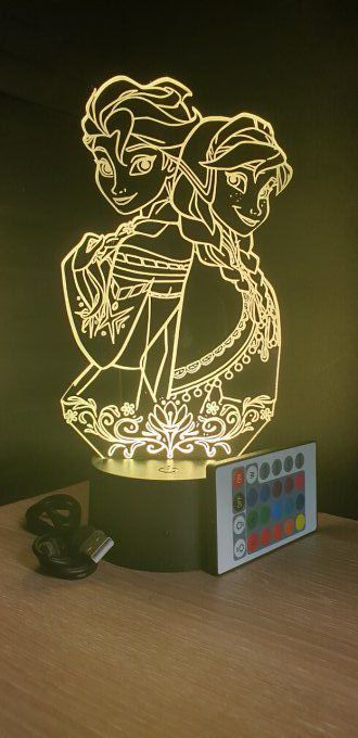 Lampe led 3D Anna et Elsa, La Reine des neiges, dessin animé, veilleuse, déco, chambre, illusion