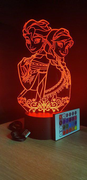 Lampe led 3D Anna et Elsa, La Reine des neiges, dessin animé, veilleuse, déco, chambre, illusion