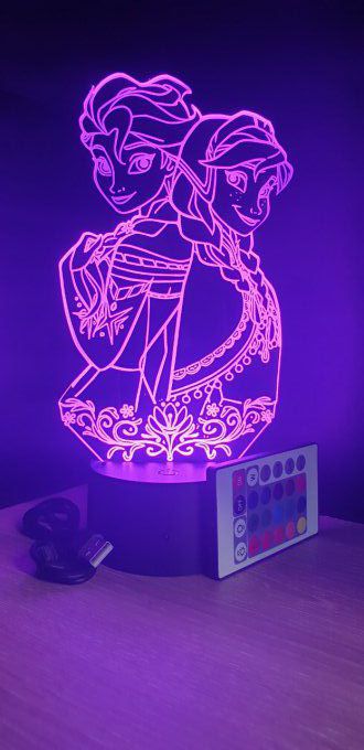 Lampe led 3D Anna et Elsa, La Reine des neiges, dessin animé, veilleuse, déco, chambre, illusion
