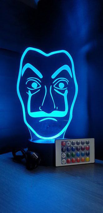 Lampe led 3D Masque La Casa de Papel, veilleuse, idée cadeau, déco, illusion, chevet