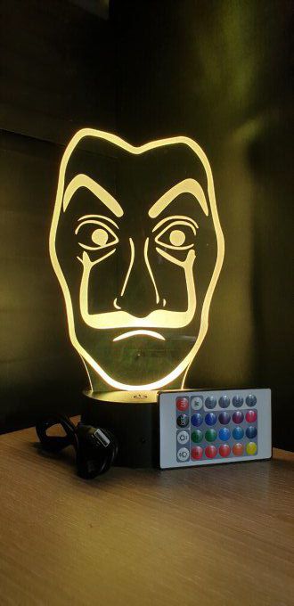 Lampe led 3D Masque La Casa de Papel, veilleuse, idée cadeau, déco, illusion, chevet