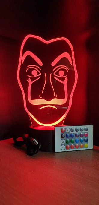 Lampe led 3D Masque La Casa de Papel, serie, suspense, veilleuse, déco