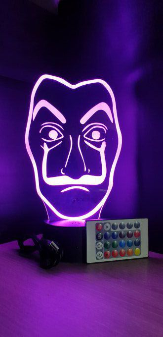 Lampe led 3D Masque La Casa de Papel, veilleuse, idée cadeau, déco, illusion, chevet