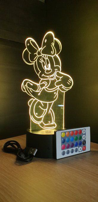 Lampe led 3D Minnie, dessin animé, veilleuse, déco, chambre, illusion, chevet, éclairage