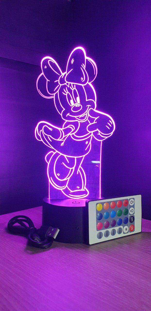 Lampe led 3D Minnie, dessin animé, veilleuse, déco, chambre, illusion, chevet, éclairage