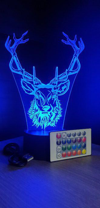 Lampe led 3D Tête de cerf, chevet, veilleuse, déco, personnalisable