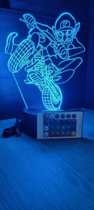 Lampe led 3D Waluigi moto, Mario , jeu vidéo, veilleuse, cadeau original, personnalisable, illusion