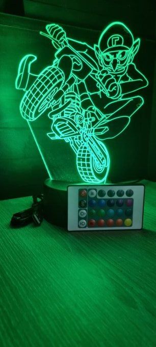 Lampe led 3D Waluigi moto, Mario , jeu vidéo, veilleuse, cadeau original, personnalisable, illusion
