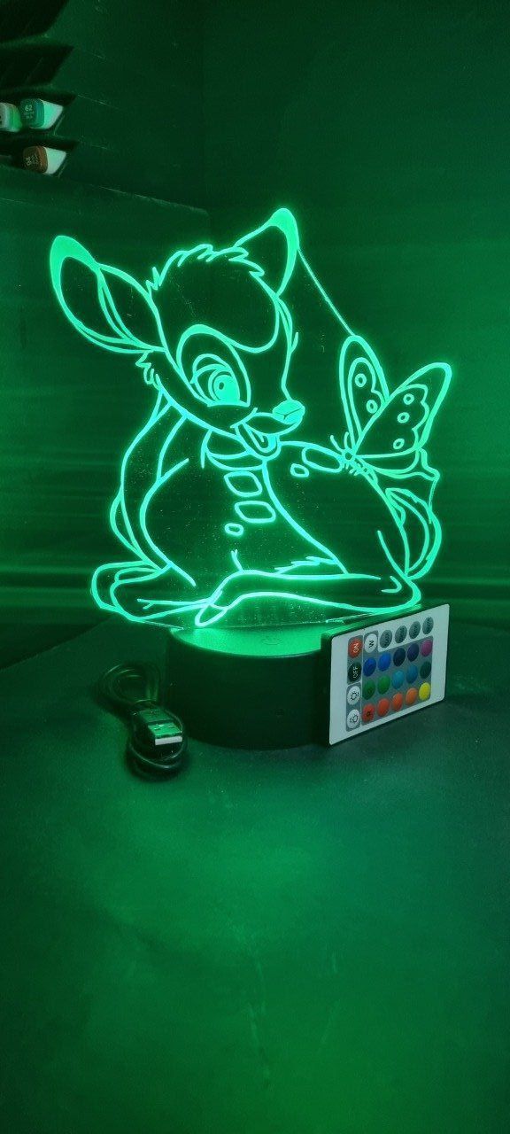 Lampe led 3D Bambi, dessin animé, chevet, veilleuse, idée cadeau, déco, illusion